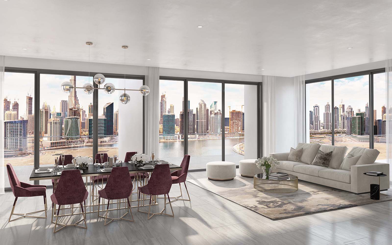Modern living room design with sliding glass doors, offering views and access to the outdoor area at Peninsula One.