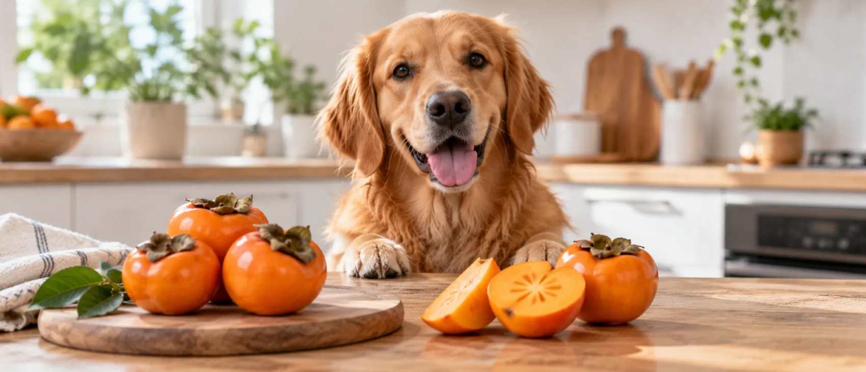 A Golden Retriever resting its paws on a table beside whole and sliced persimmons.