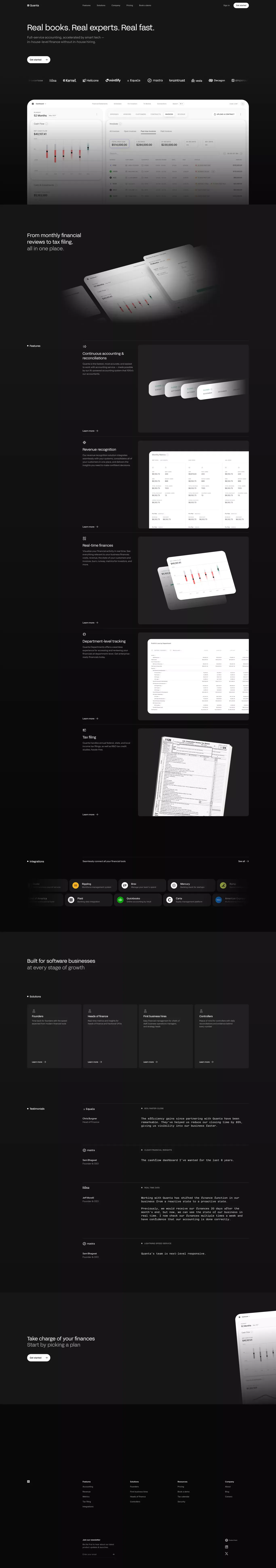 Quanta - Real-time accounting, purpose-b landing page screenshot showcasing Finance and Tech design
