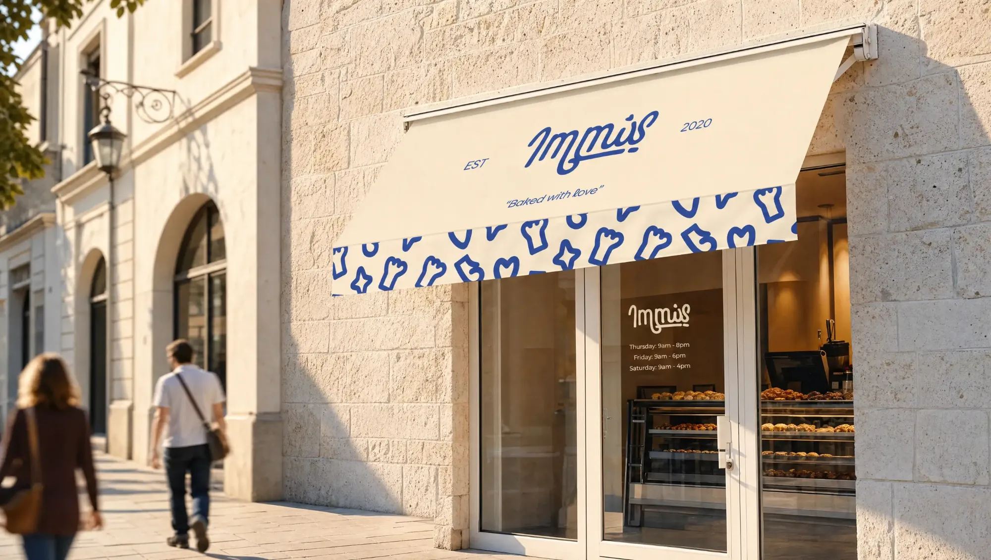 Immis shopfront with a cream awning printed with the logo and blue pattern
