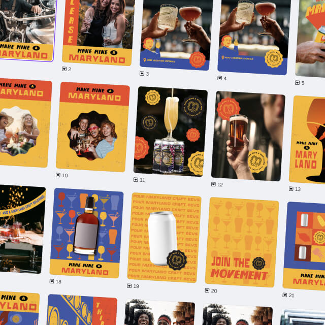 A grid of social media posts featuring cocktails, people, and Maryland craft beverages, with bold text and vibrant colors highlighting drink and celebration themes.