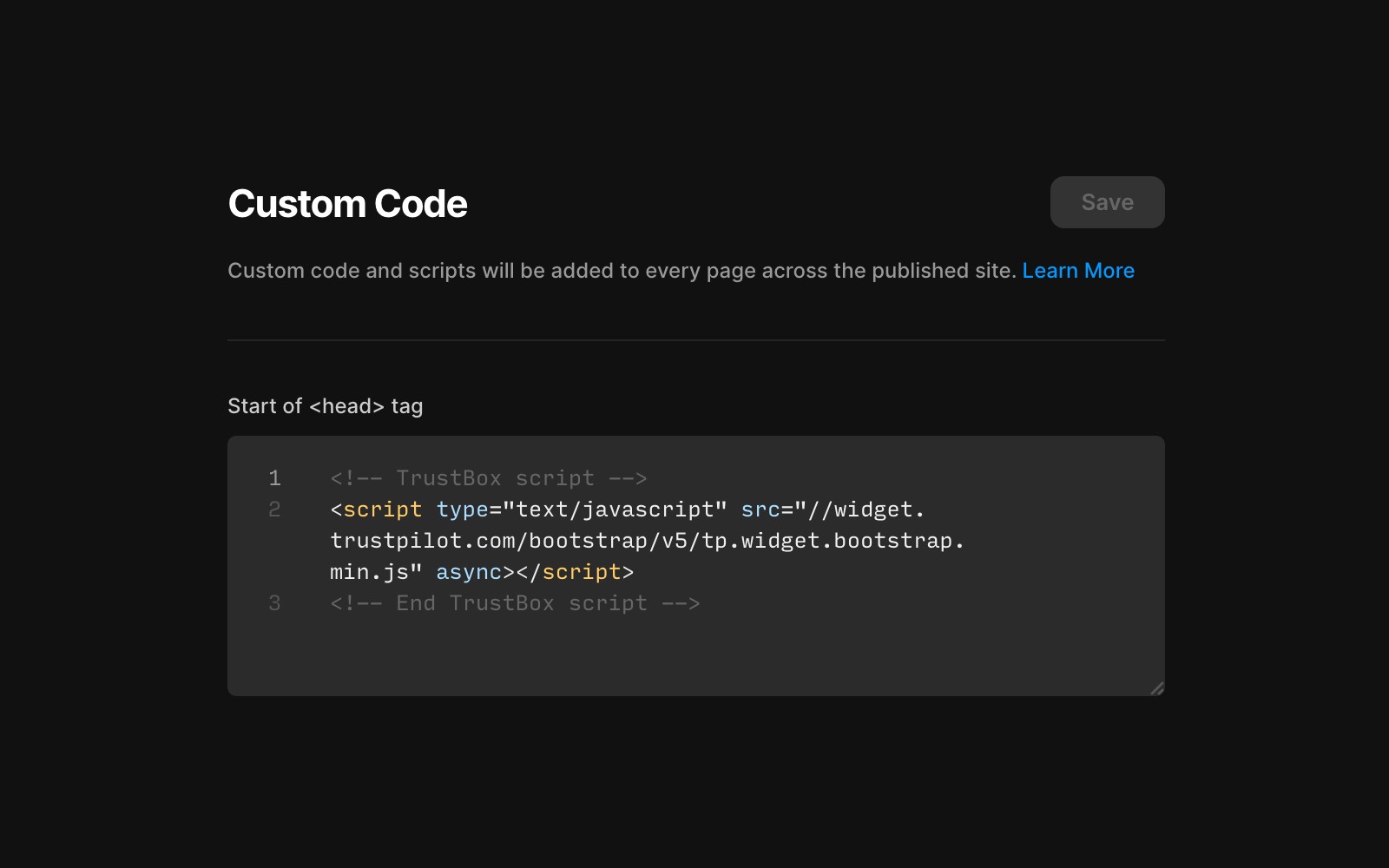 A settings interface titled 'Custom Code,' allowing users to add custom code and scripts to every page of a website. The section displays a code block labeled 'Start of tag,' containing a TrustBox script from Trustpilot.