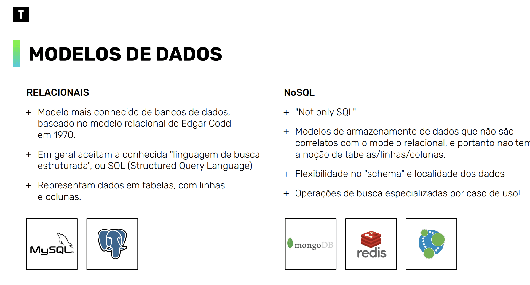 modelo de banco de dados diferentes (sql e nosql) caracterísiicas