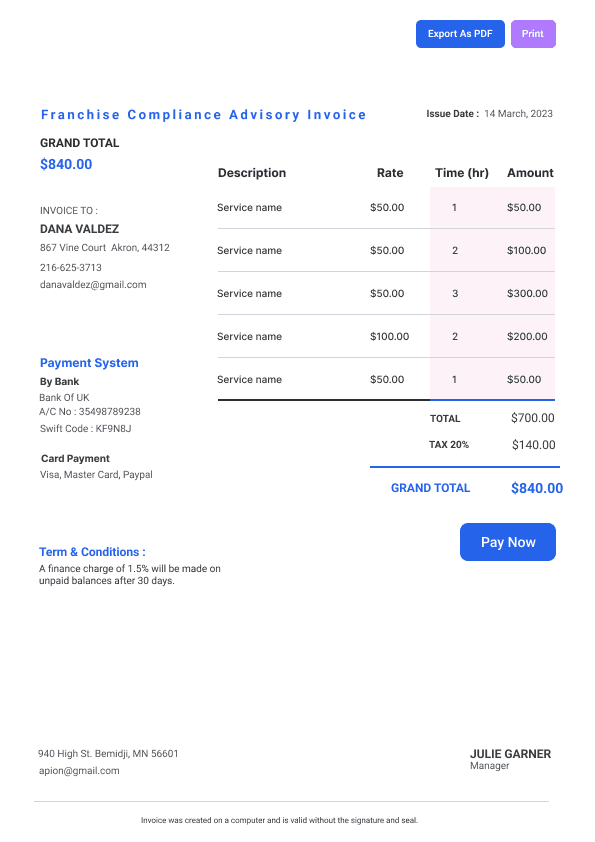 Franchise Compliance Advisory Invoice