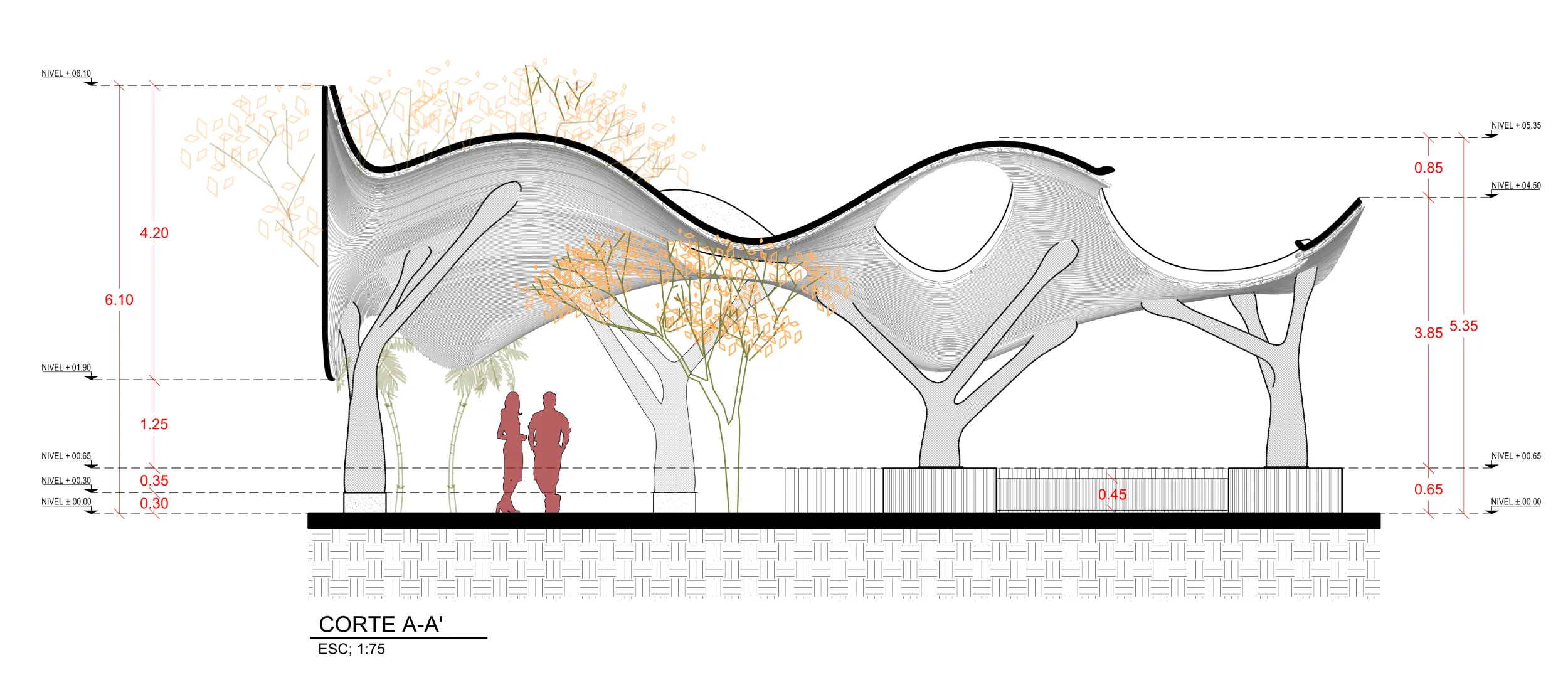 Cross-section architectural drawing of the Ahau Tulum pavilion, detailing the structural undulations of the bamboo roof, integrated skylights, and organic support system.