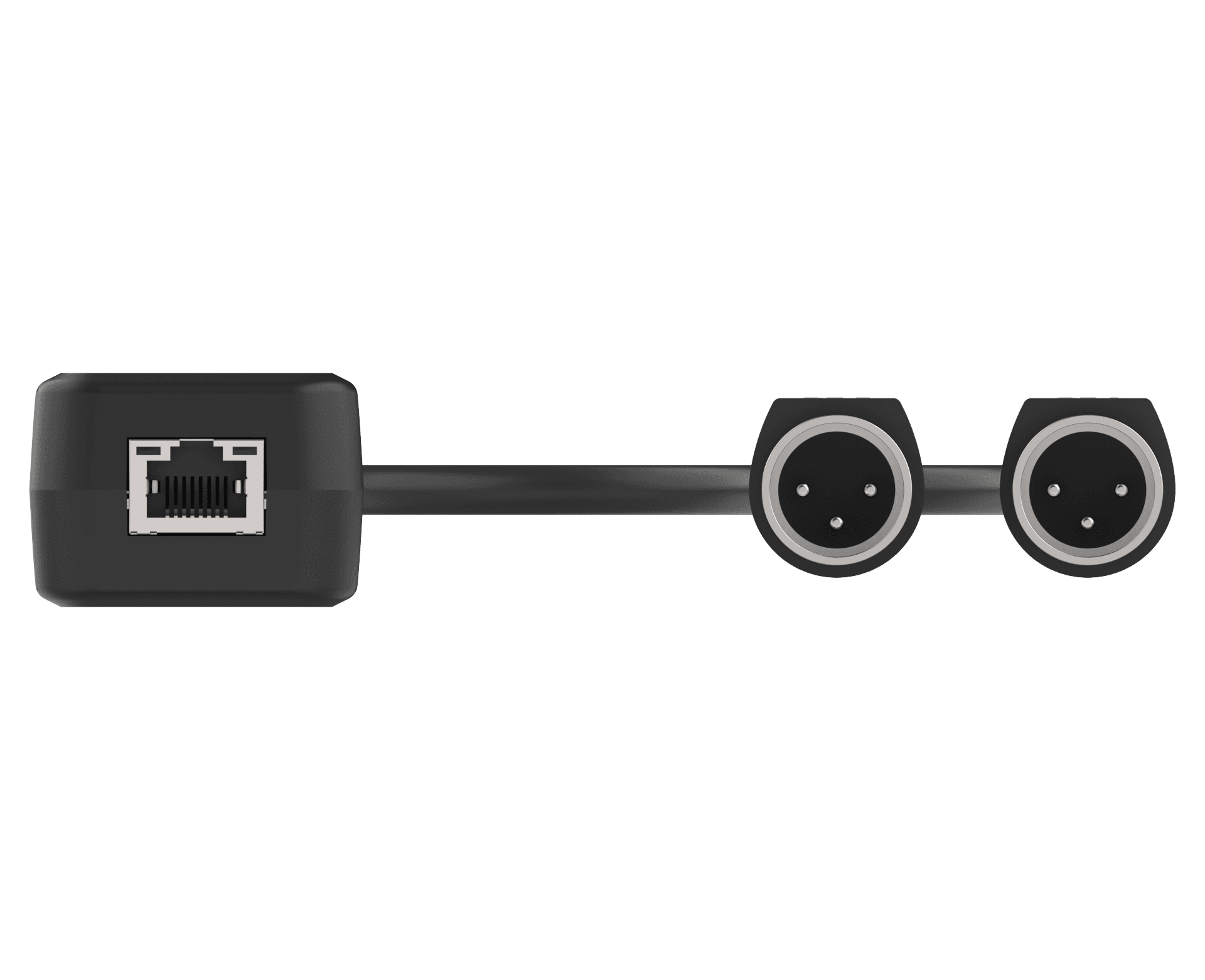 Black adapter with RJ45 port and two XLR outputs.
