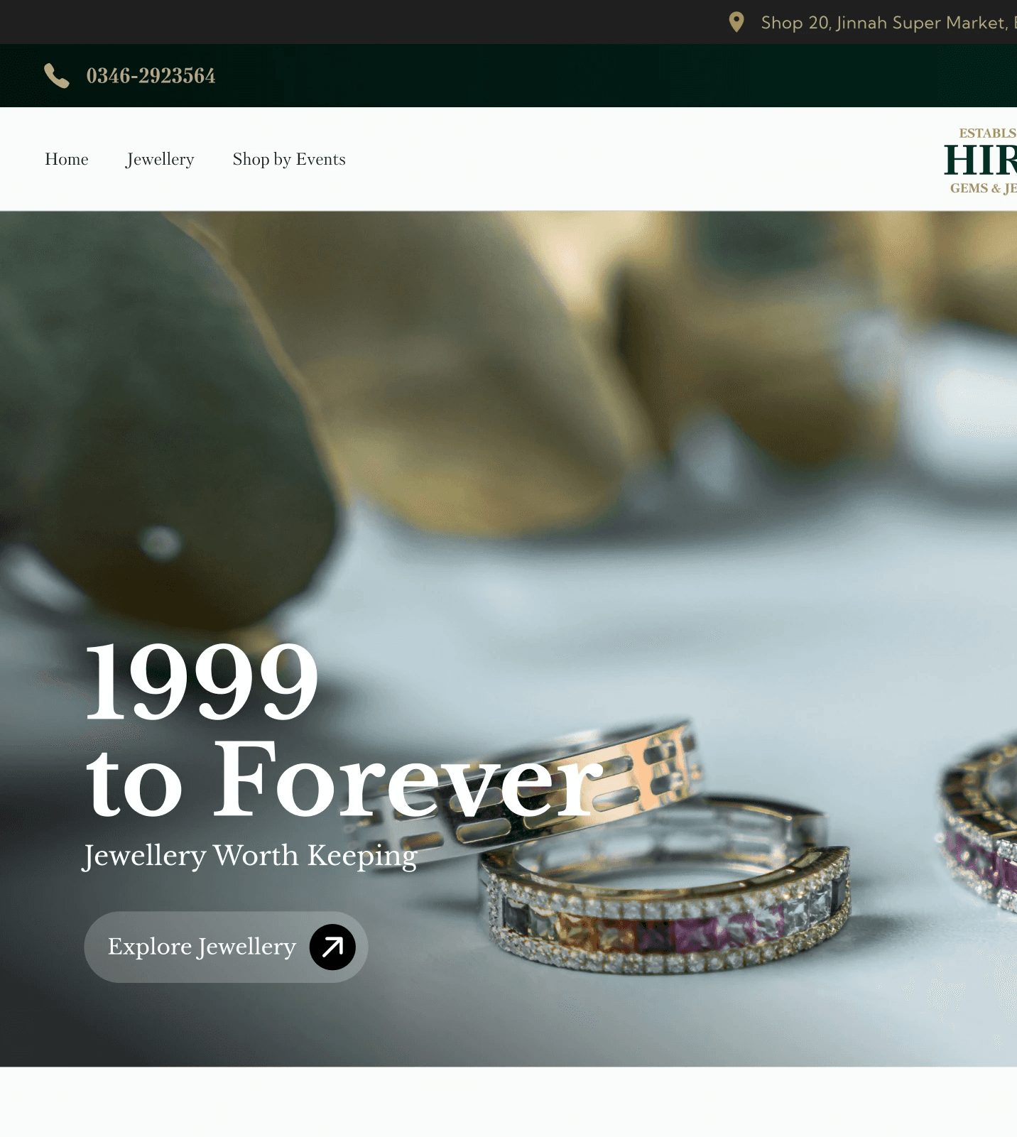 Hira's Gem and Jewelry Website Hero Section