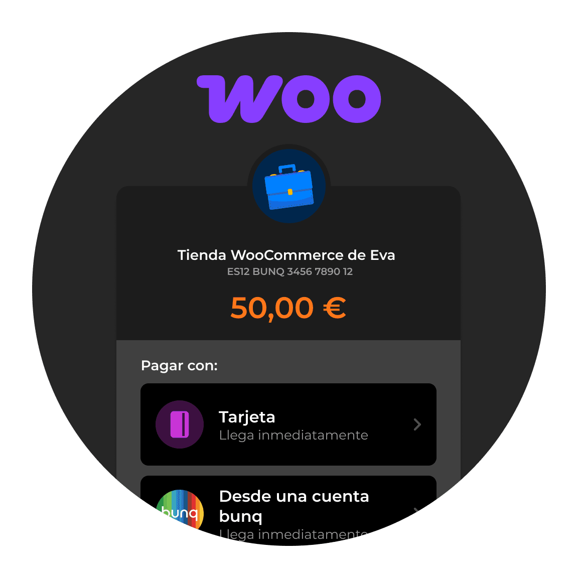 Circular graphic featuring the word "Woo" and a payment interface displaying €10. Options to pay via credit card shown.