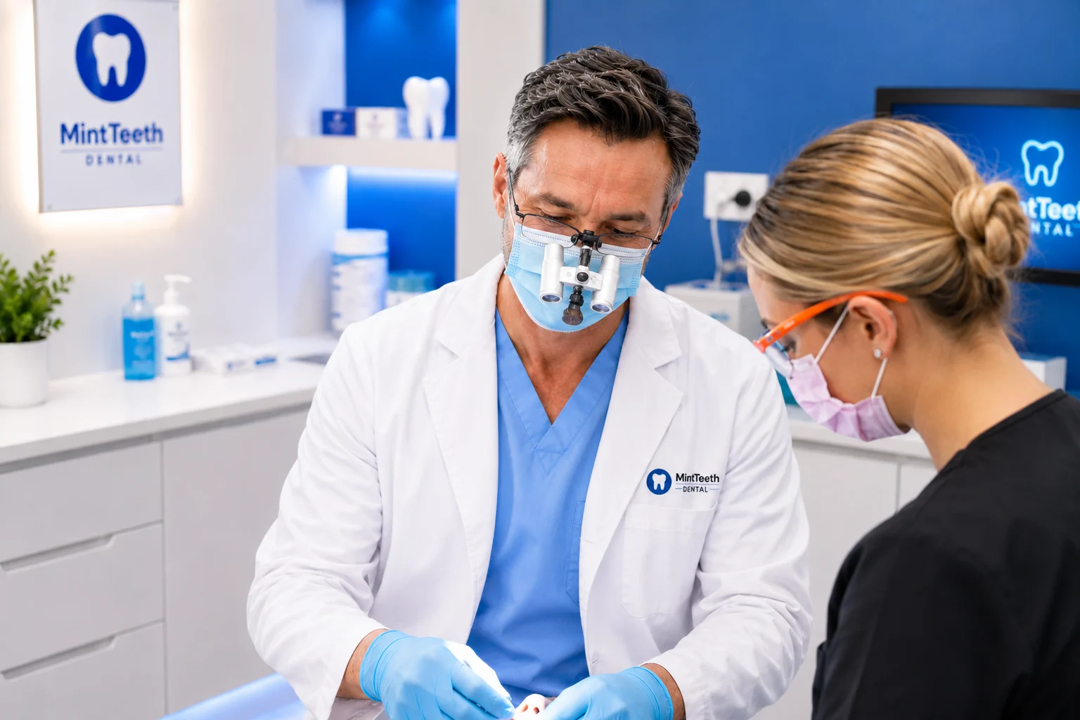 Dentist preparing dental tools with an assistant during treatment