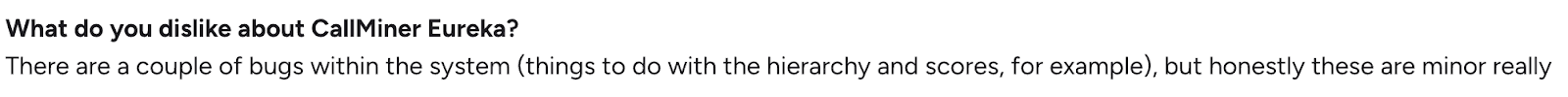User review mentioning minor bugs related to hierarchy and scoring in CallMiner Eureka