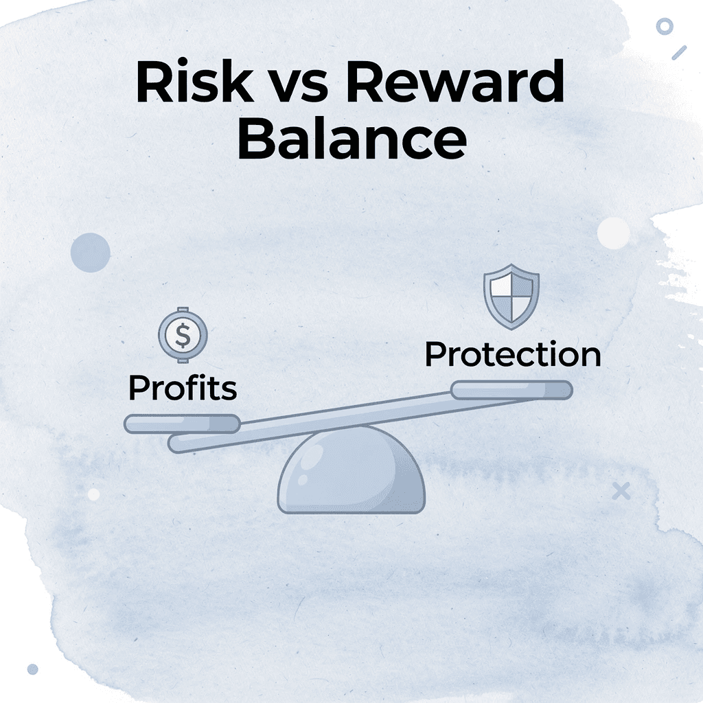 Balance scale showing profits versus protection in trading