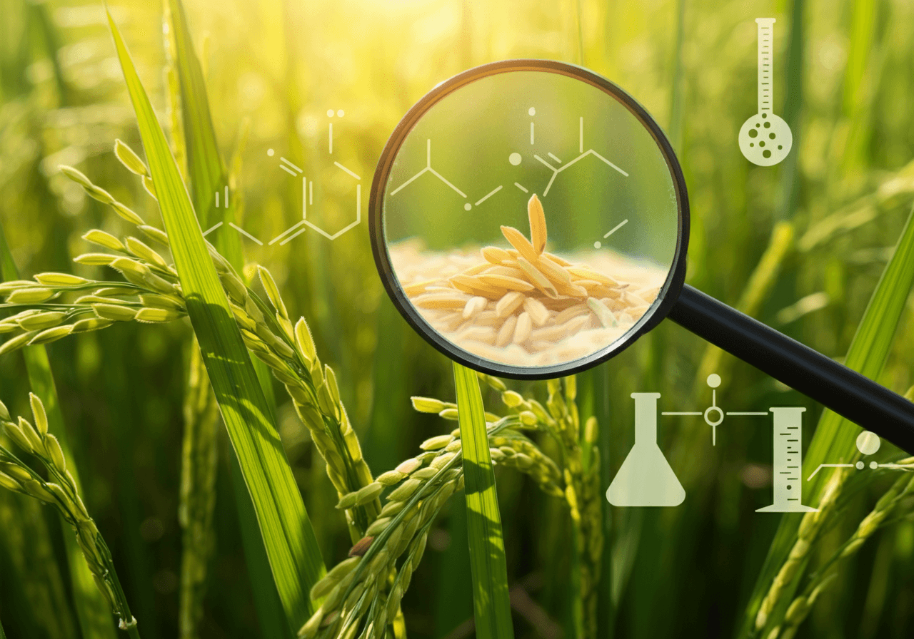 Stylized illustration of rice quality control, featuring a magnified rice grain surrounded by green leaves and quality assurance symbols