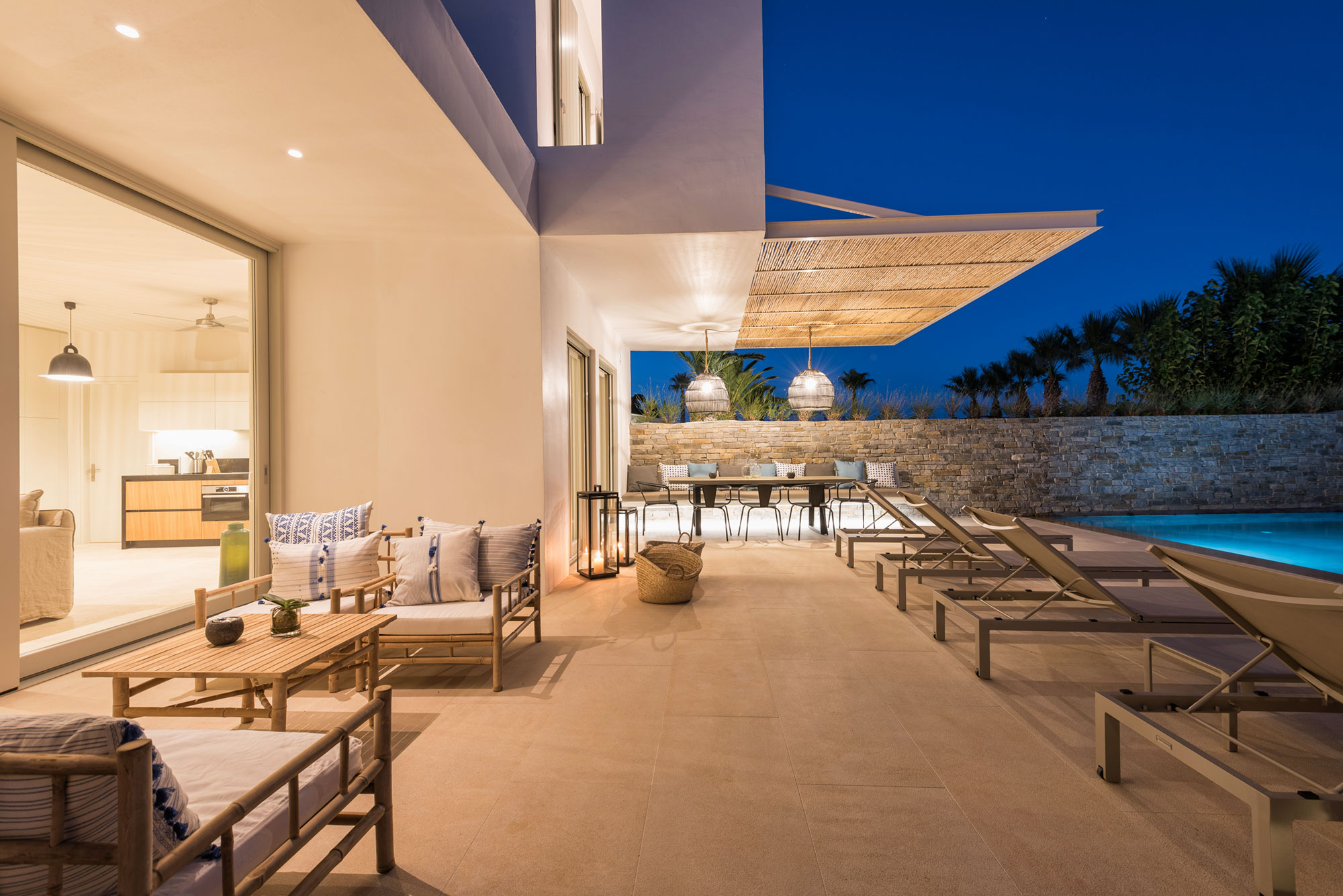 Evening lighting in poolside lounge