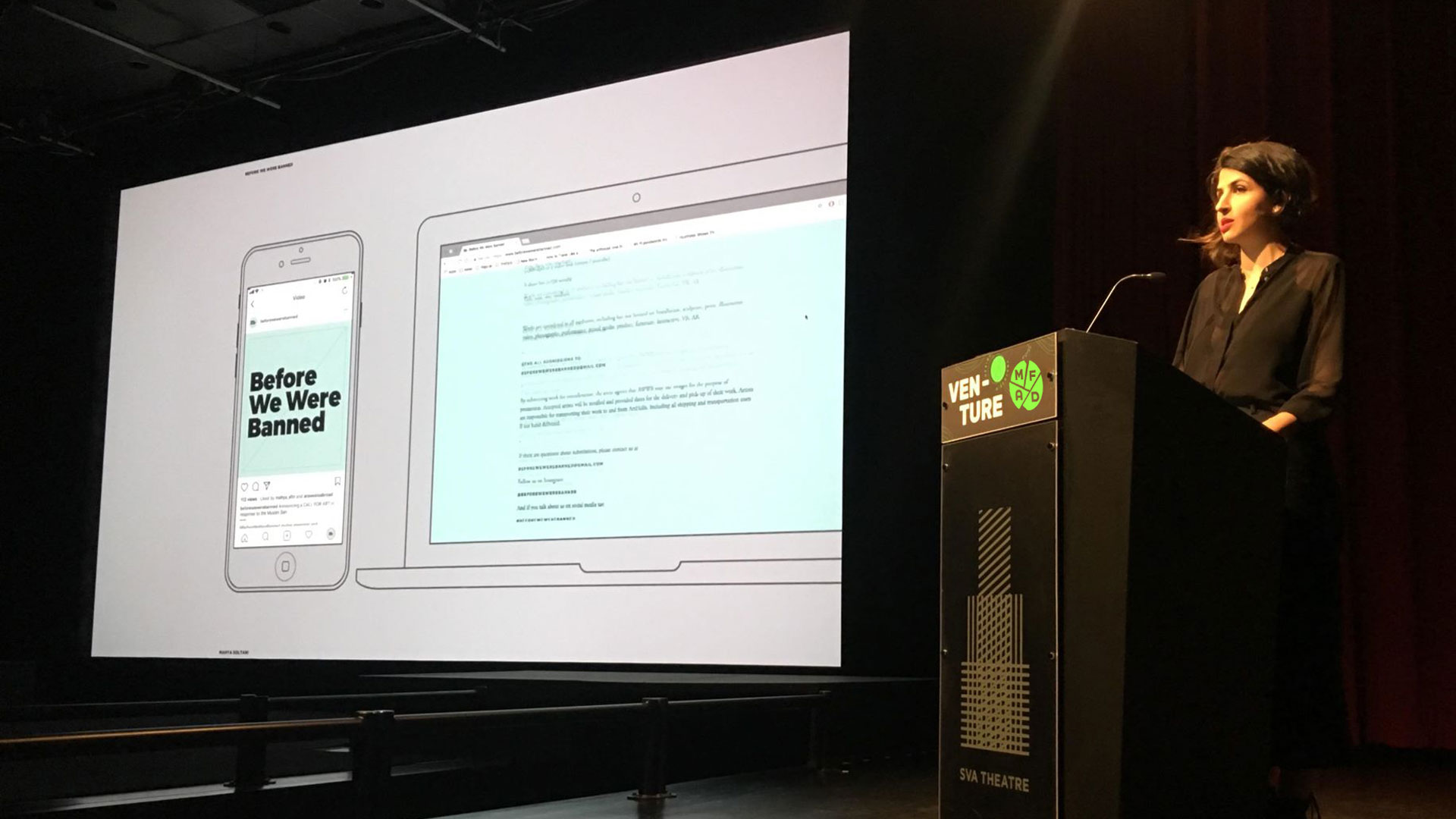 Student Maya presenting on stage at forum