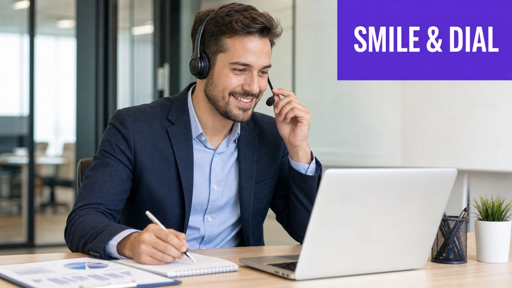 A professional man with a headset smiling while working on a laptop and taking notes in an office.