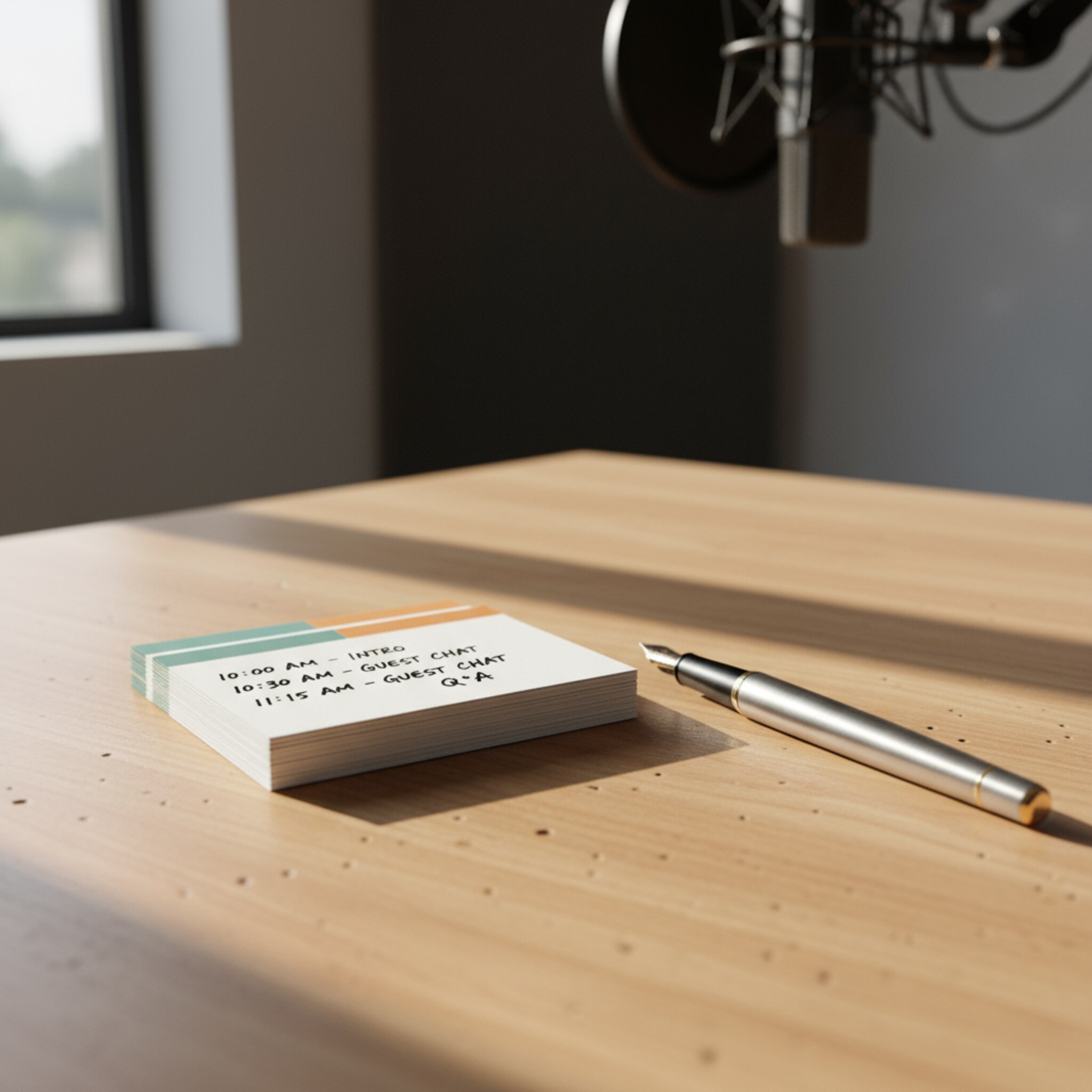 Ein Stapel sauber sortierter Karten mit markierten Session-Zeiten liegt neben einem Stift auf einem Holztisch. Tageslicht fällt schräg ein und betont die klare Struktur. Die Szene vermittelt Verbindlichkeit, Wiederholung und planbare Routine.