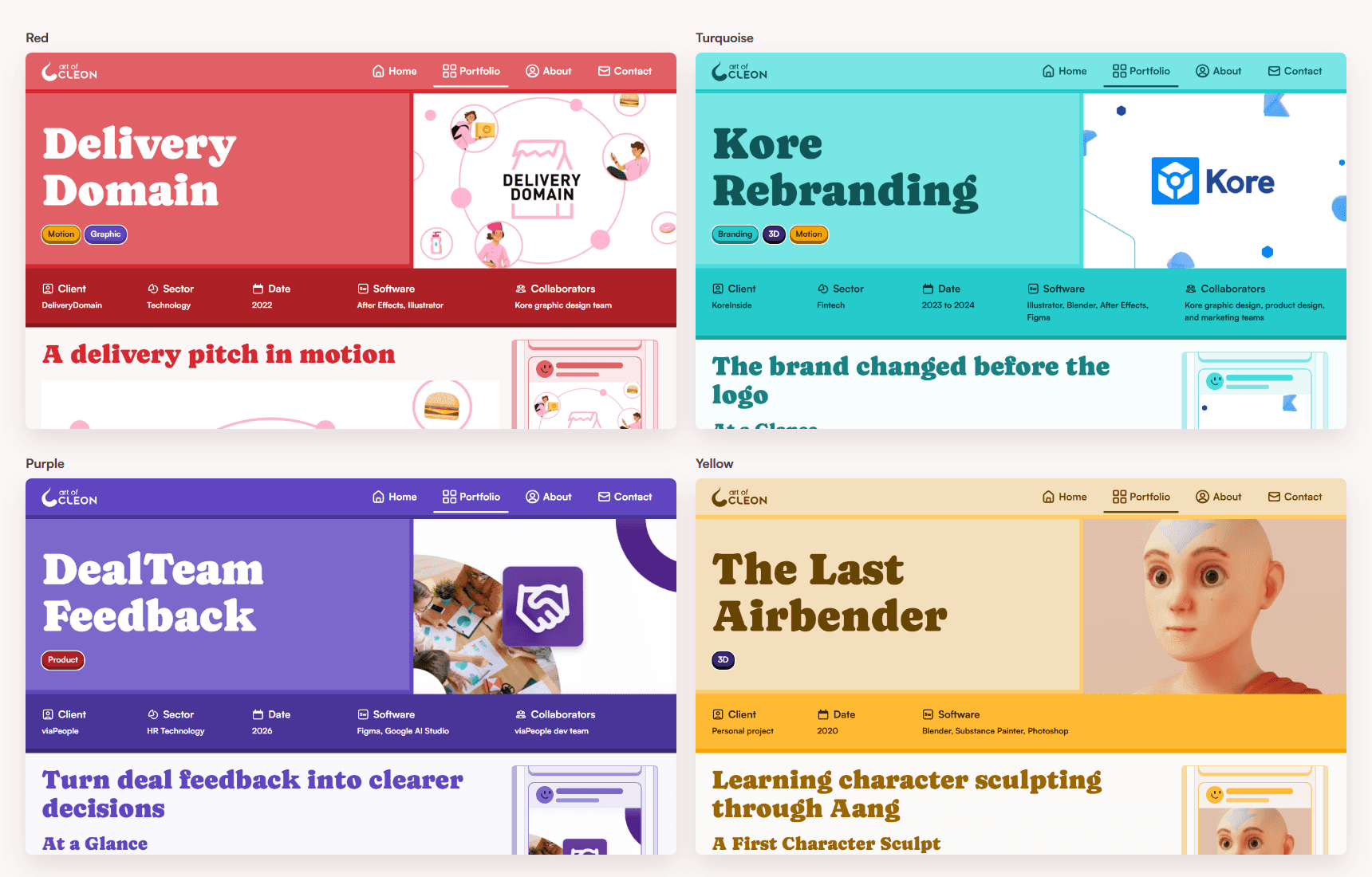 Four published art of Cleon project pages using red, turquoise, purple, and yellow themes selected to suit each project rather than encode categories.
