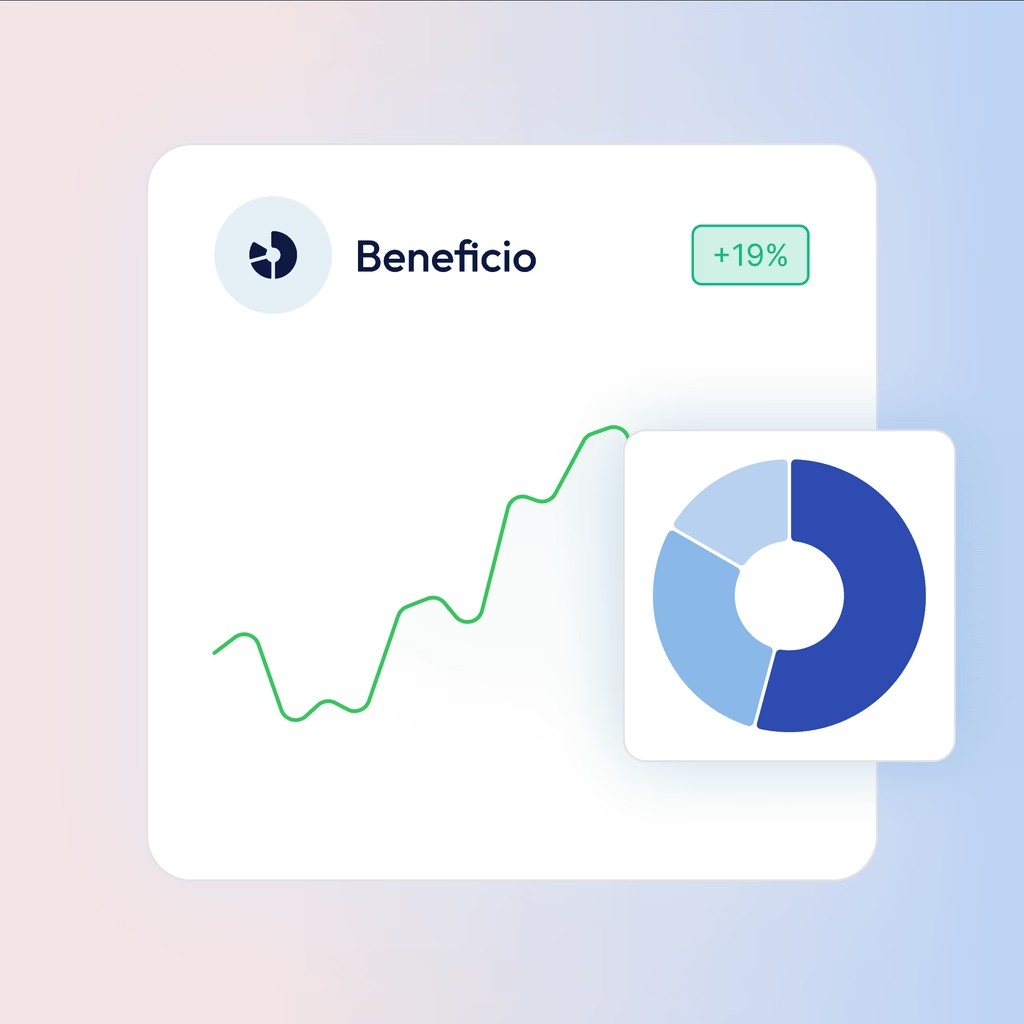 Financial data and growth chart. Benefit increase of 19% shown with a pie chart.