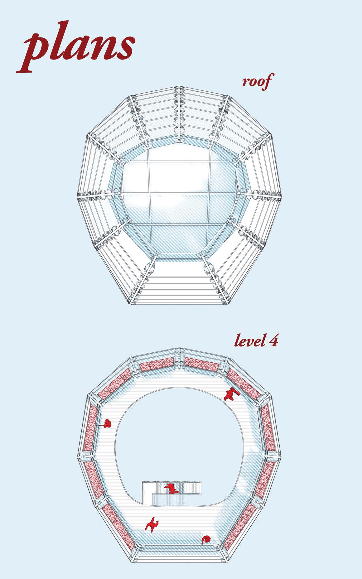 Roof and upper-floor plans showing the pod’s radial structure and perimeter programme.