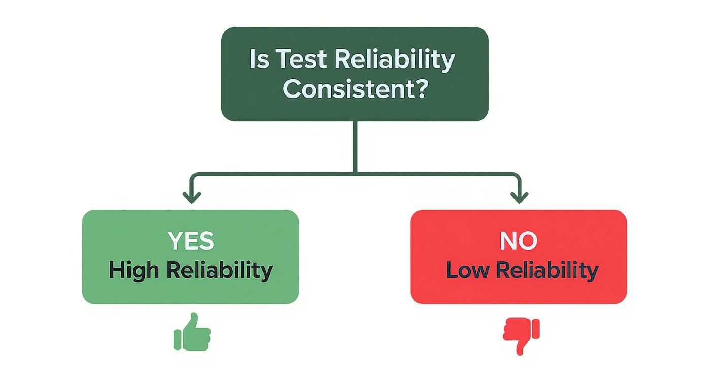 Flowchart illustrating test reliability: consistent tests yield high reliability, inconsistent tests yield low reliability.