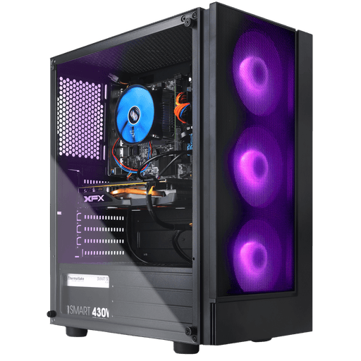 Black gaming PC case with purple LED-lit fans on the front panel and a transparent side panel showcasing internal components. The setup includes an RGB CPU cooler and neatly organized cabling, offering a sleek and performance-oriented build for modern gaming enthusiasts.