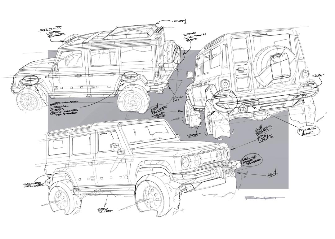Sketches from the design process of the INEOS Grenadier, composition