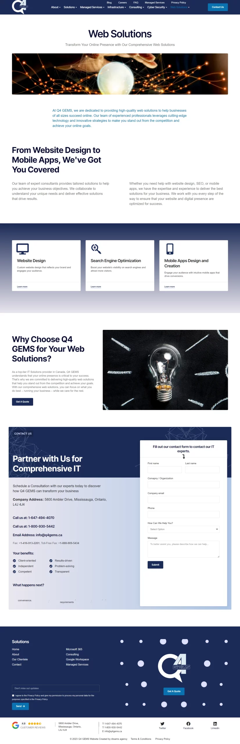 solutions page for q4gems website developed & designed by Dreams Agency Mississauga, Ontario