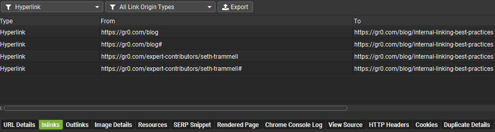 Screaming Frog Inlinks Tab