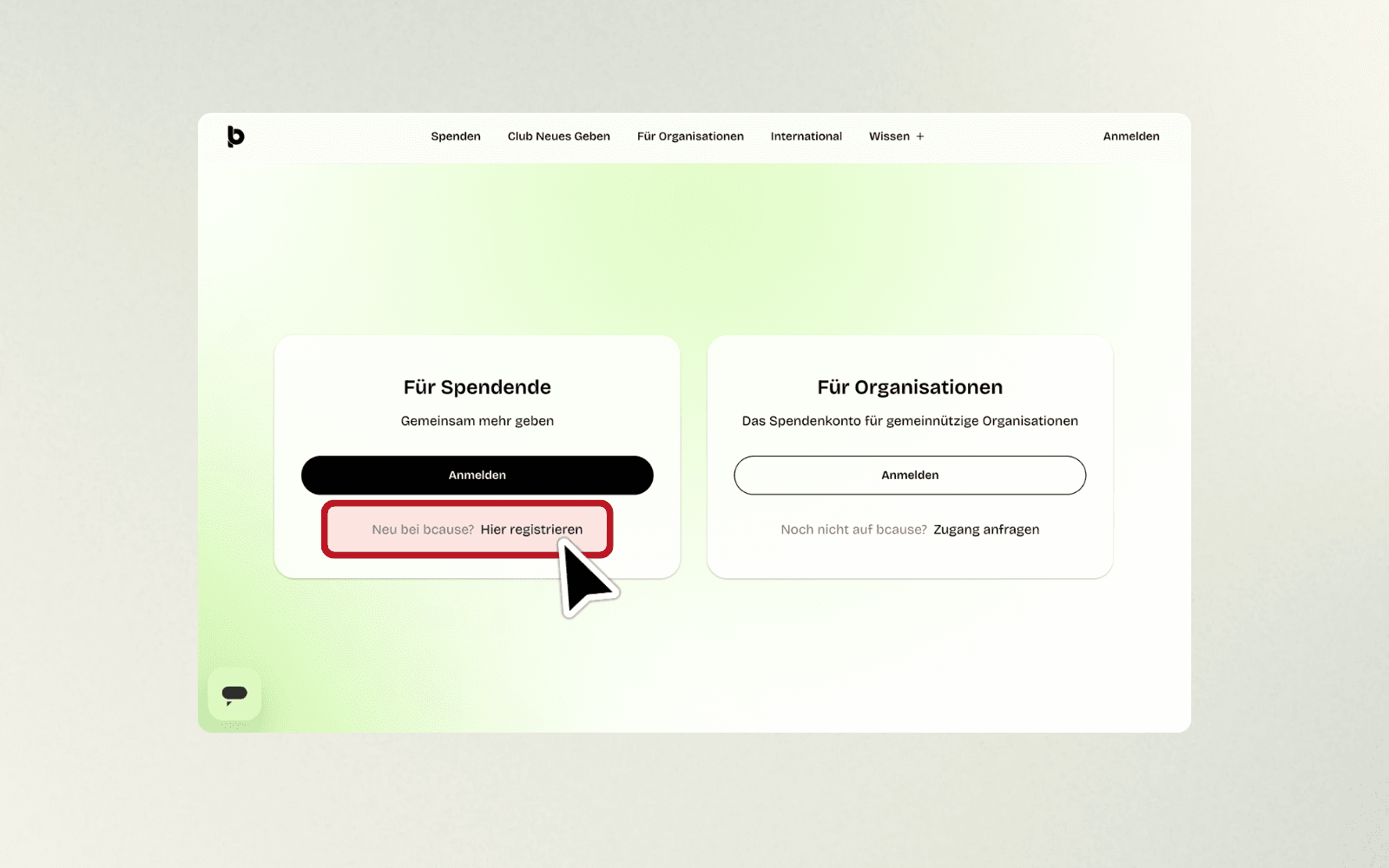 Zwei Auswahlkarten: ‚Für Spendende' mit schwarzem Button ‚Anmelden' und Link ‚Neu bei bcause? Hier registrieren', sowie ‚Für Organisationen' mit weißem Button