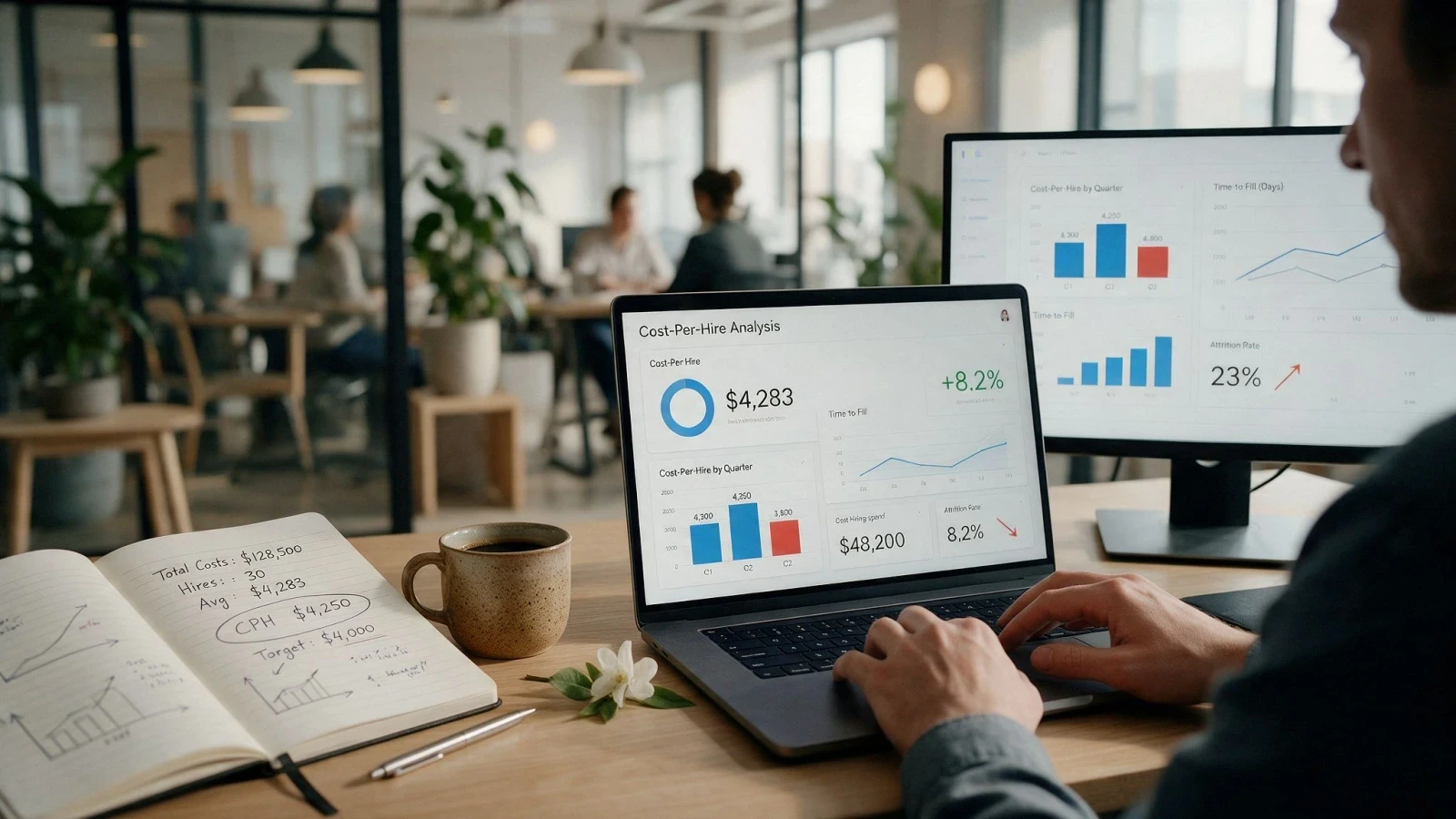 HR professional analyzing AI-driven cost-per-hire dashboard on laptop showing hiring metrics