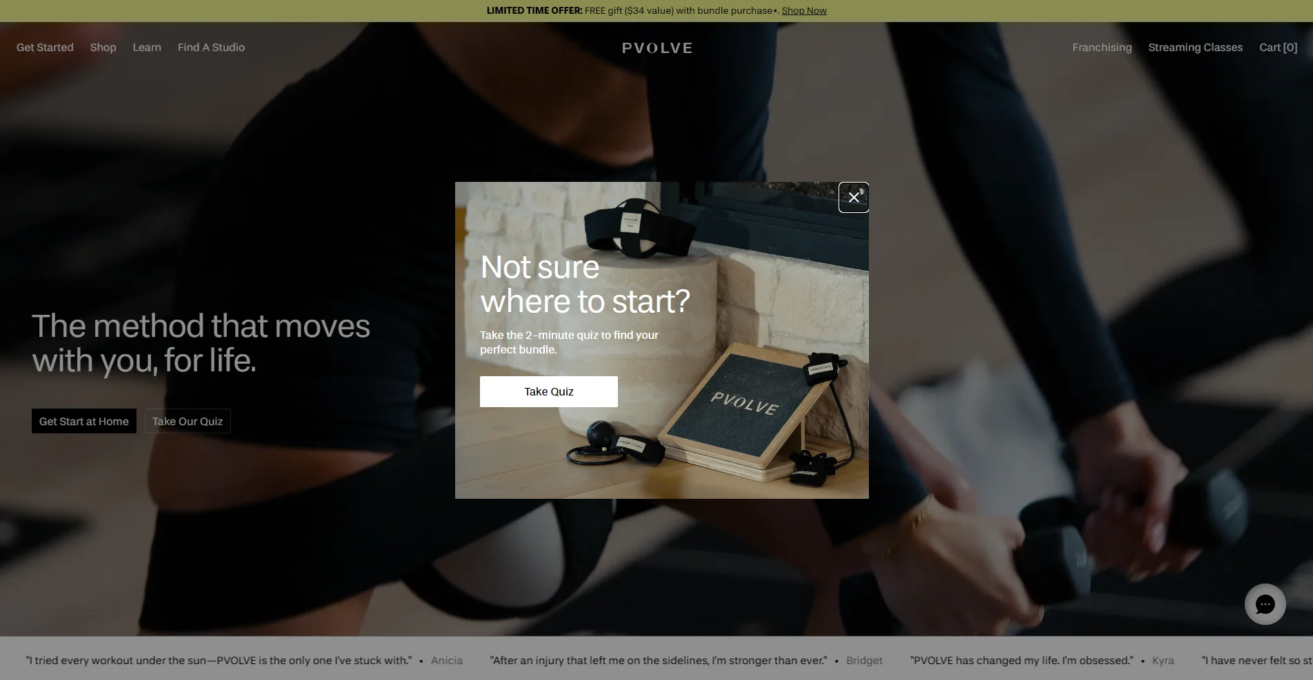 A centered product discovery quiz popup on the Pvolve fitness website using a problem-solution headline, "Not sure where to start?" to route users into a personalized multi-step bundle recommendation funnel.