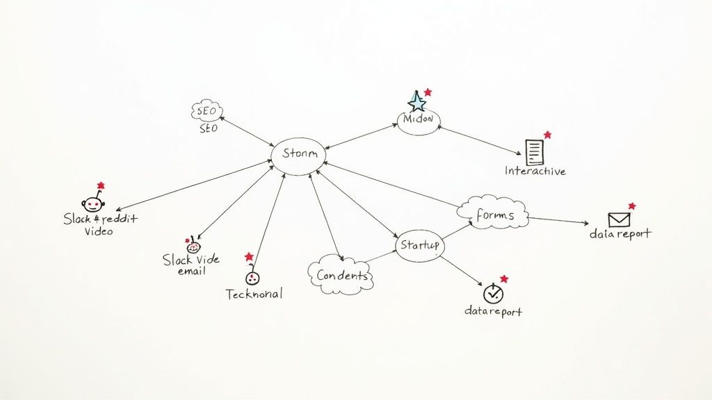 A person working on a laptop surrounded by icons representing different content channels and formats.