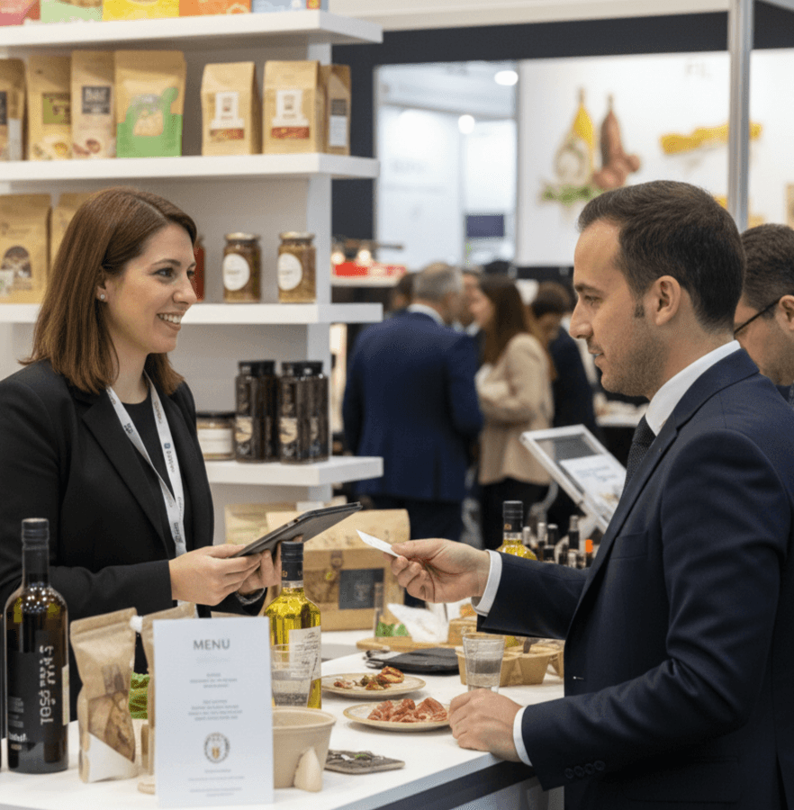 Food industry professionals networking and capturing contacts with Habsy lead capture and business card manager at Lisbon Food Affair 2026