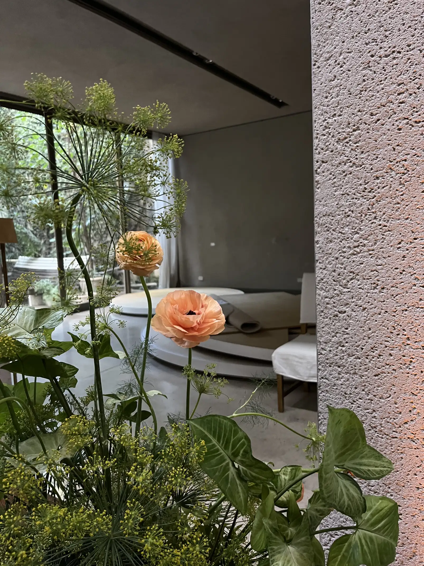 Detalle de flores anaranjadas entre follaje en espacio interior moderno con mobiliario curvo y luz suave.