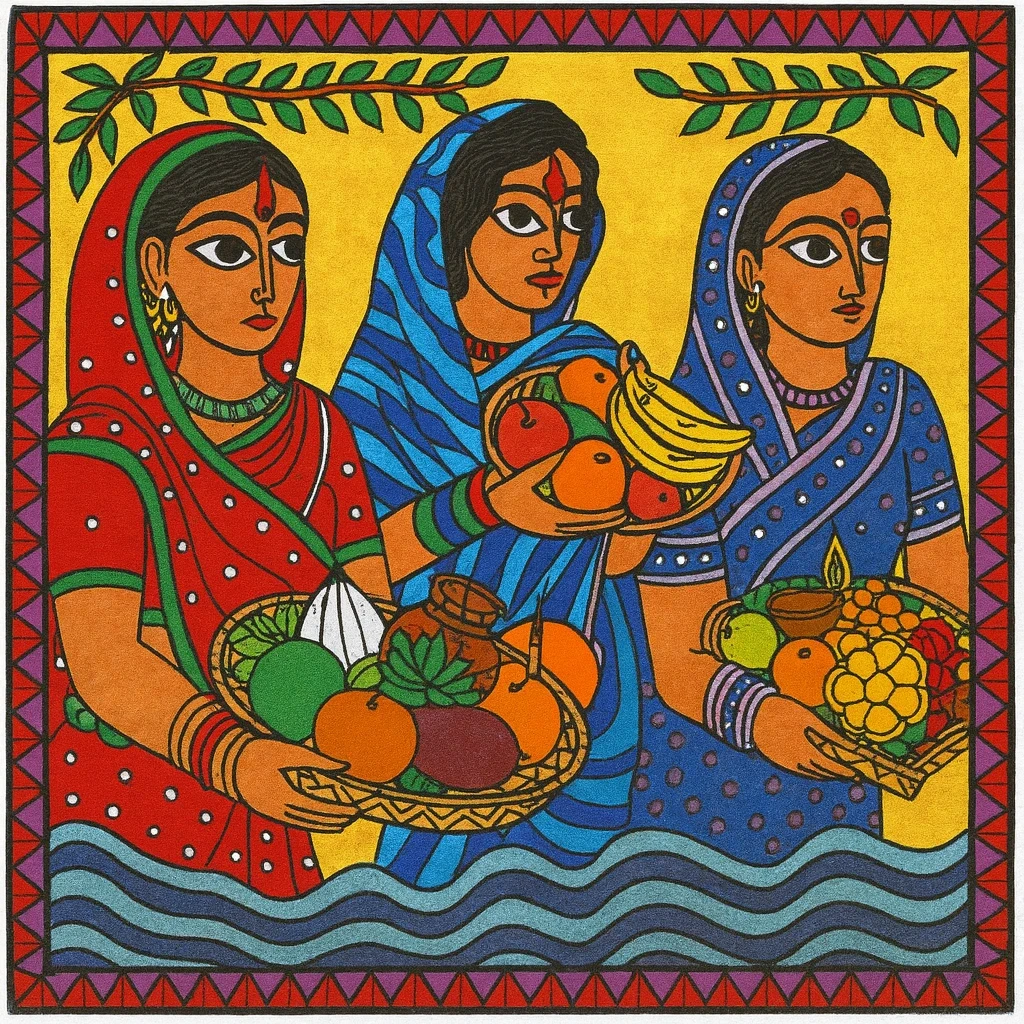 Women standing in water offering arghya to setting sun