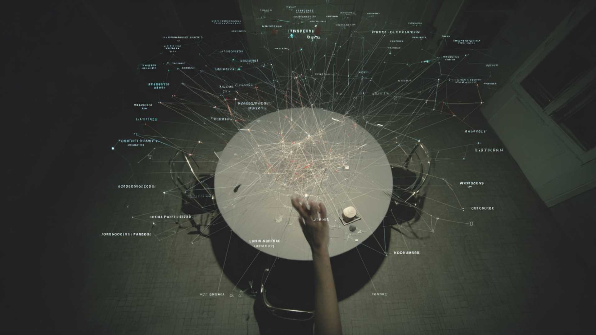 Top-down symmetrical shot of a 3D knowledge graph hologram representing a Generative Game Master (GGM) architecture.
