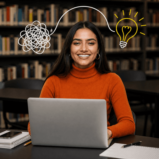 A female student in a library using a laptop.