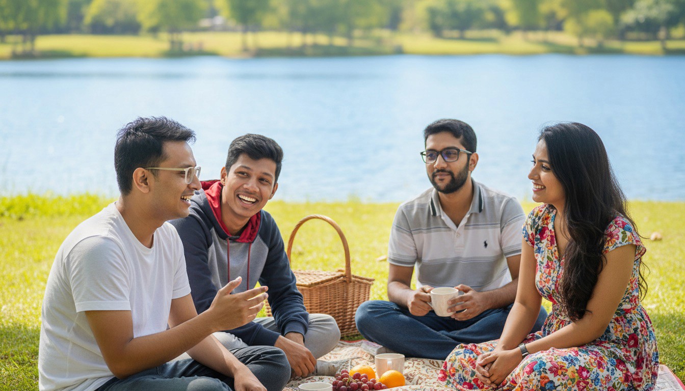Group of people handing out on a picnic outside