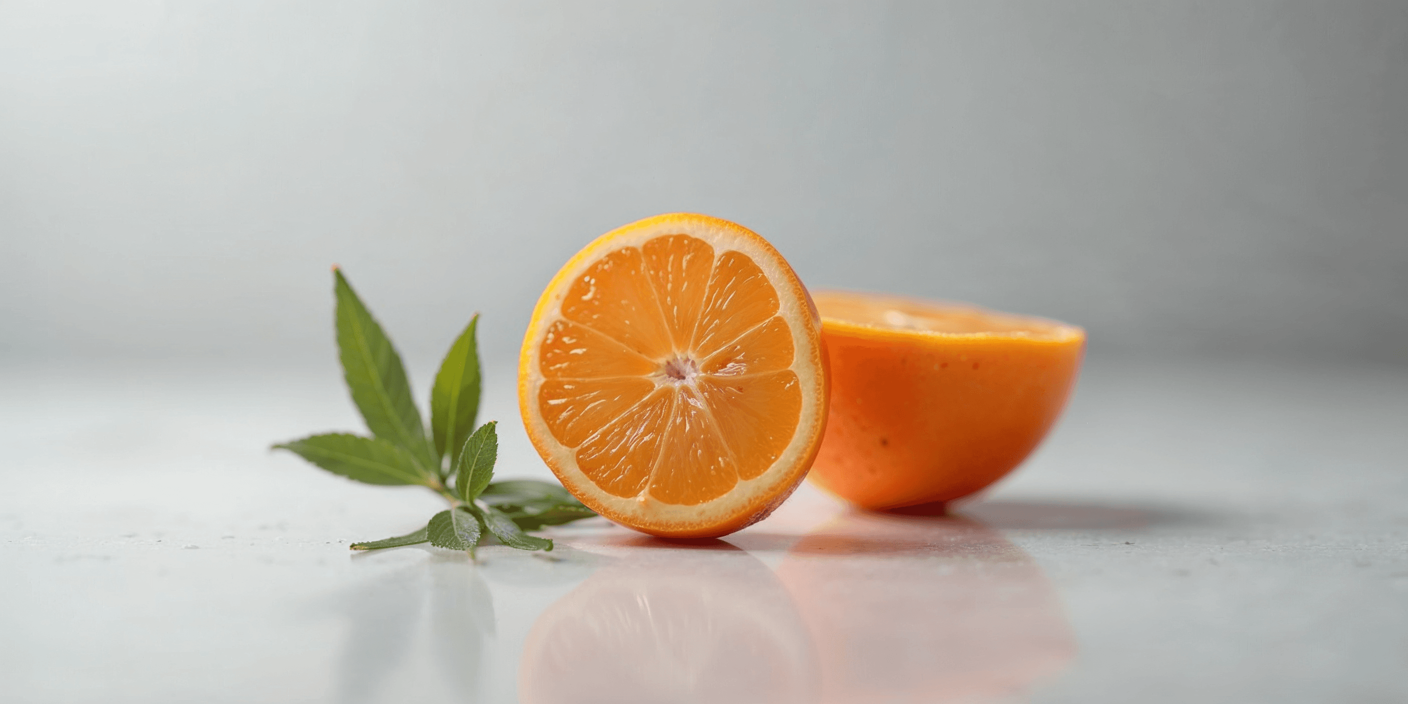 orange cut in half with green leaf garnish on a glossy background