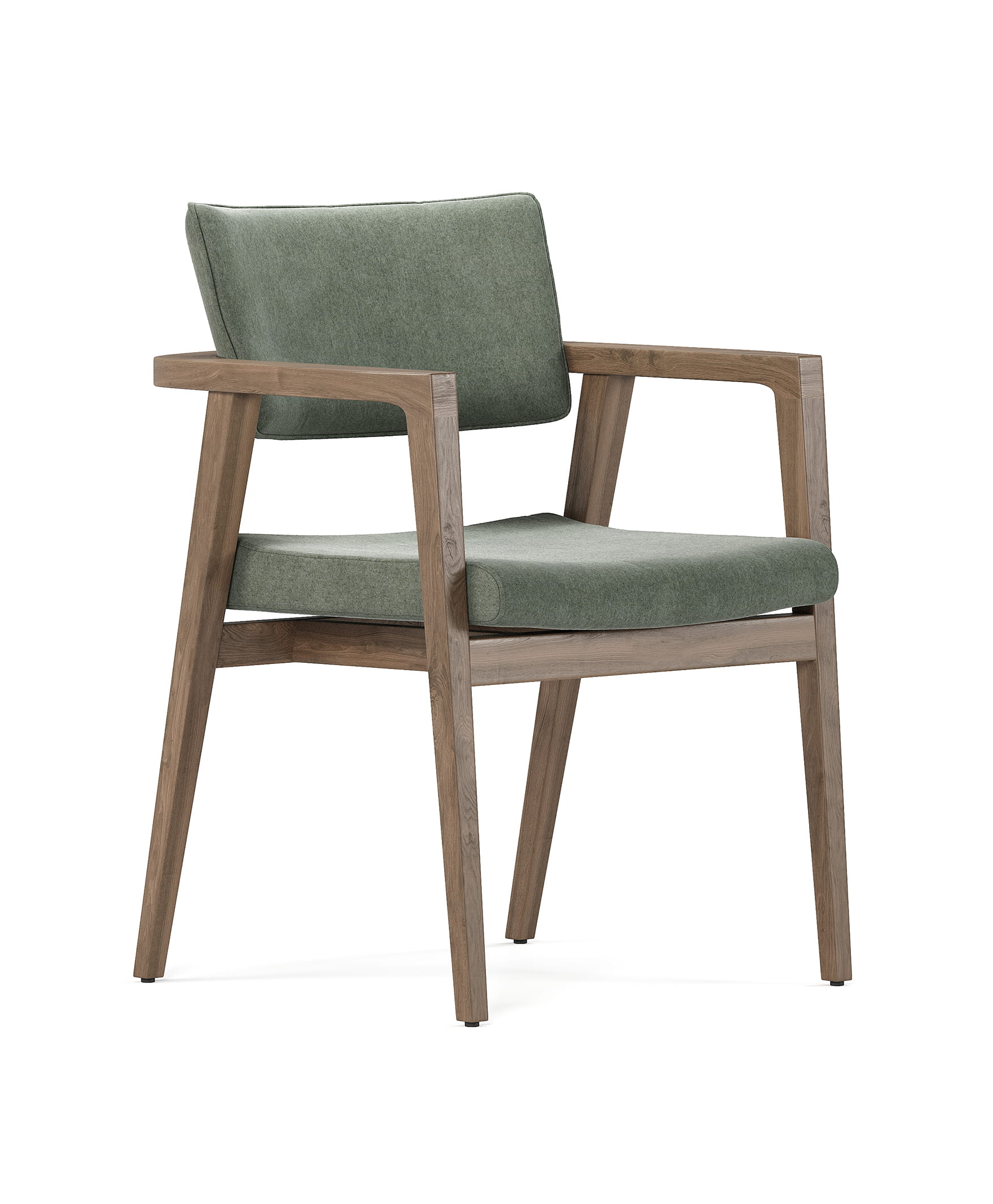 Wooden chair with armrests and green upholstered seat and backrest
