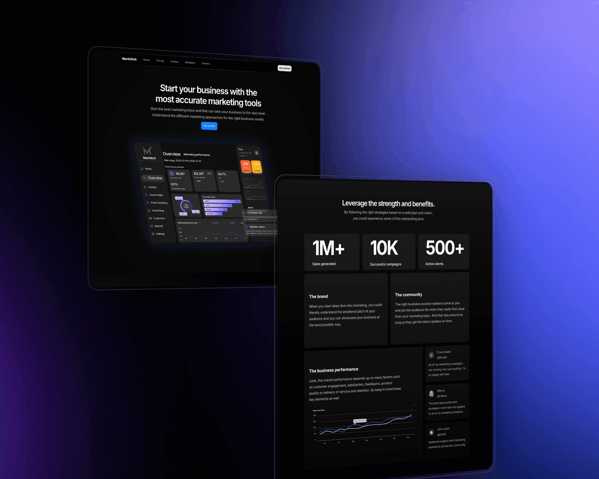 marktick, a framer dark themed website template home page and sections