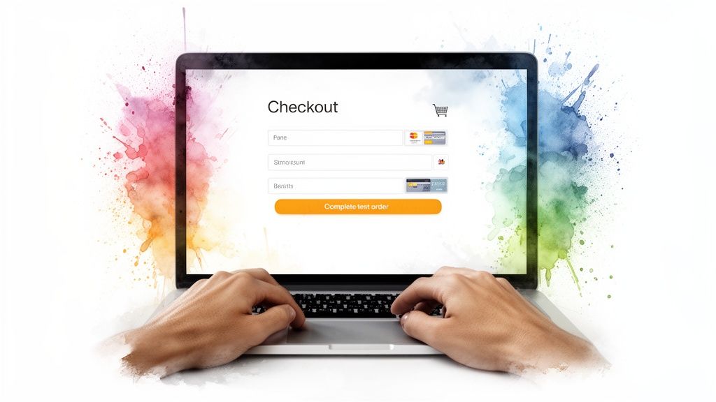 Hands typing on a laptop displaying an e-commerce checkout page with a 'Complete test order' button and payment options.