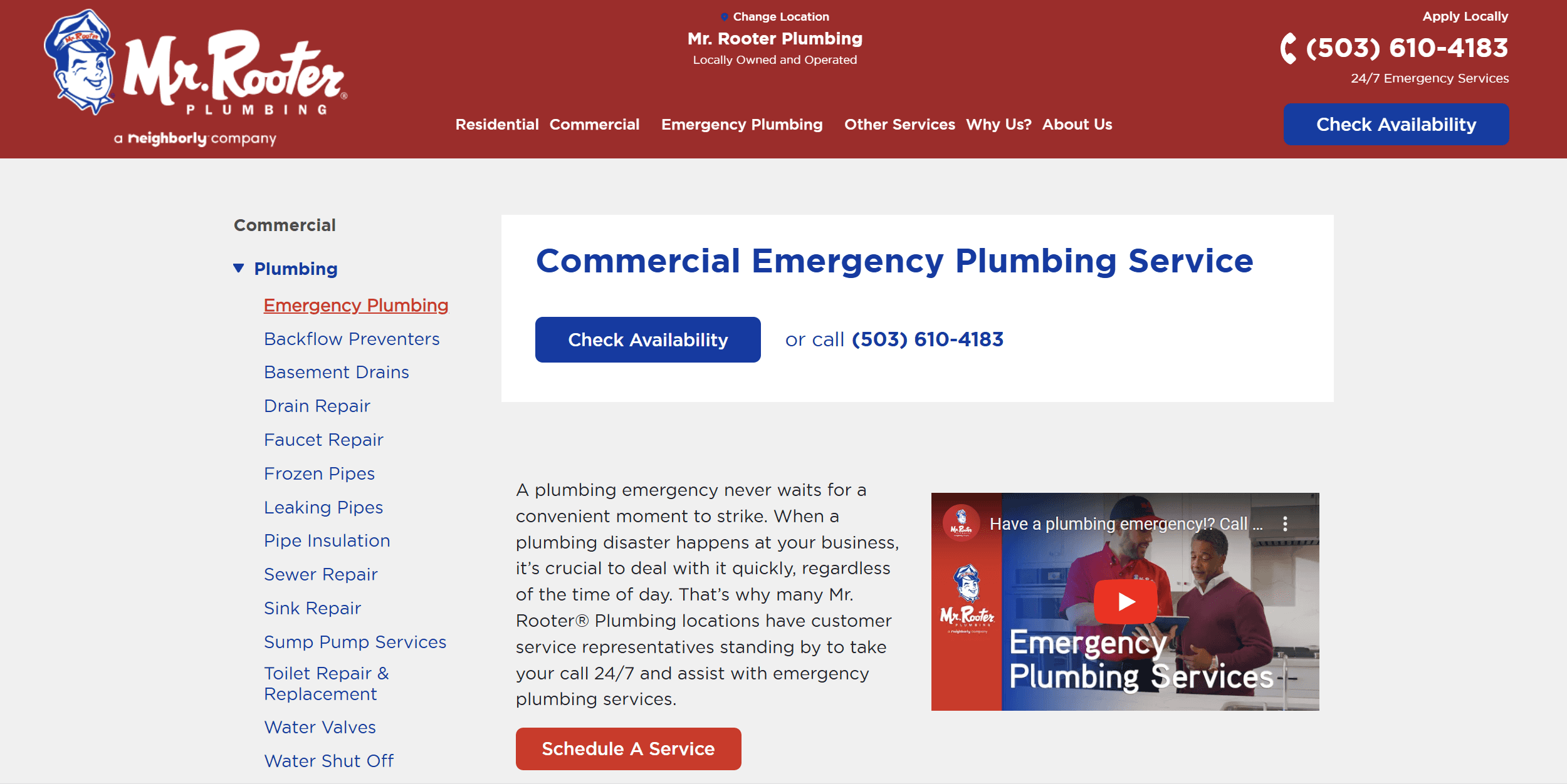 services page on a plumber website with video added for interaction