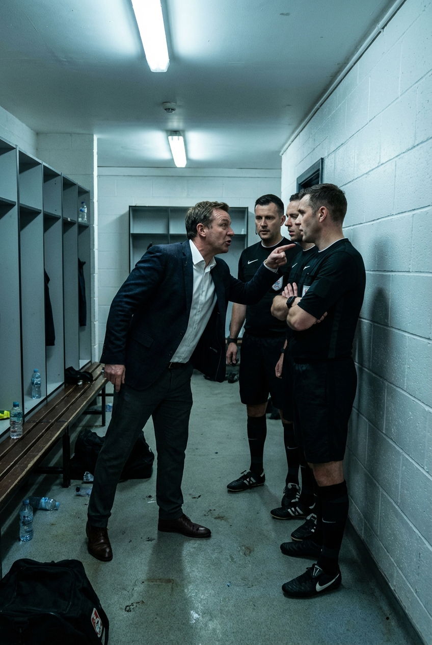 Football club official confronting referees in a locker room hallway.