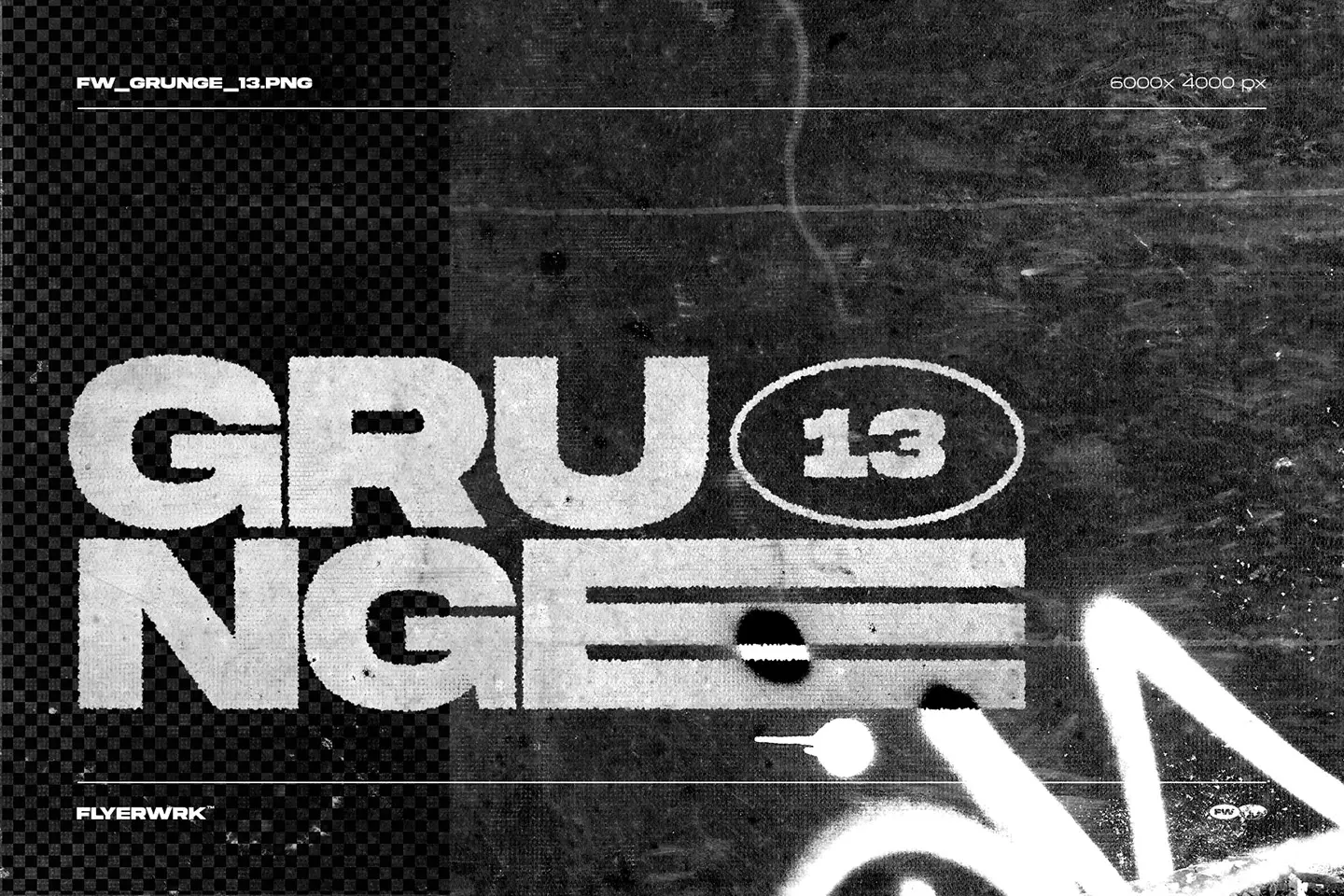Grunge texture pack with distressed typography elements on a gritty black and white industrial background