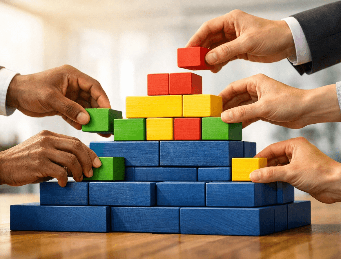 Stable foundation for monday.com implementation: A symbolic image of hands building on a solid base, representing long-term management, security, and successful teamwork.