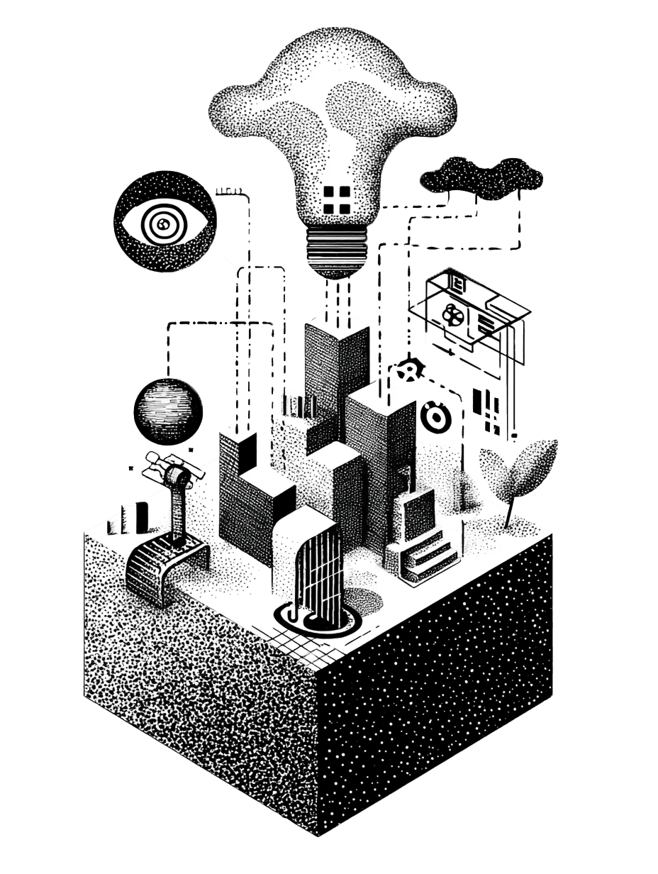 Illustration en noir et blanc d'une ville avec une ampoule lumineuse au-dessus. Concepts d'idées et de développement.