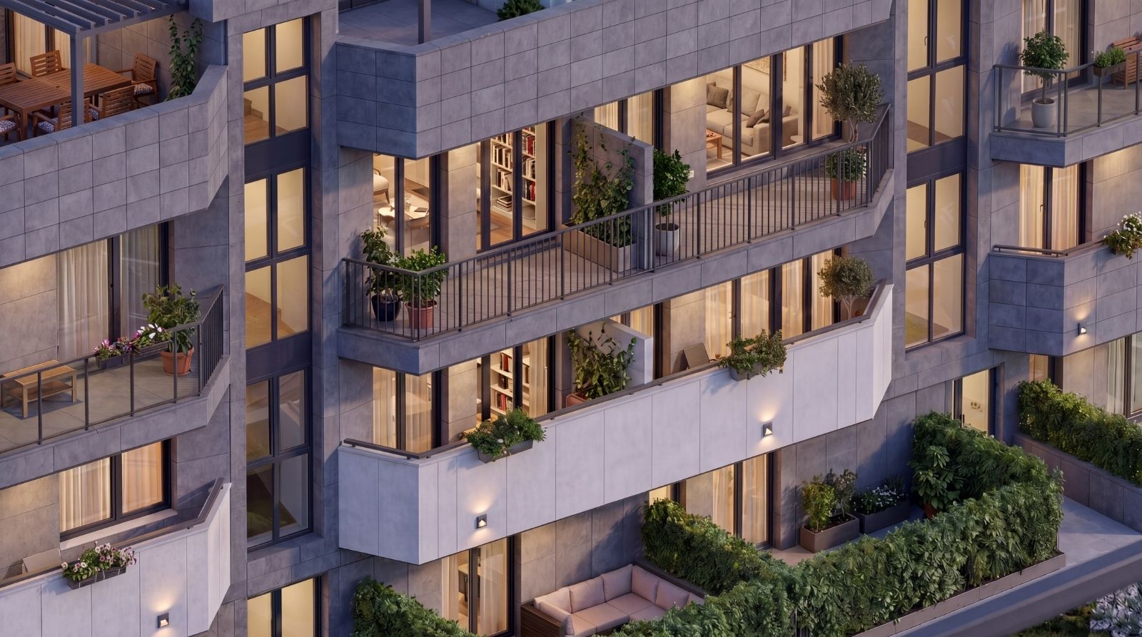 Rendering della facciata esterna laterale del complesso residenziale Kleos a Collegno, con terrazzi loggiati, ampie vetrate e finiture architettoniche moderne in Classe Energetica A4 alle porte di Torino.