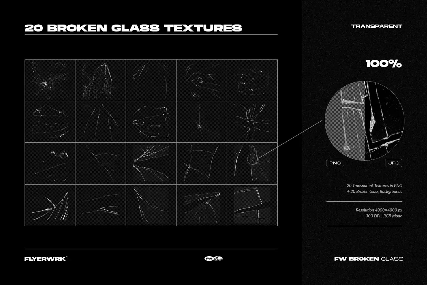 Set of twenty broken glass textures with transparent PNG backgrounds and realistic shattered glass patterns