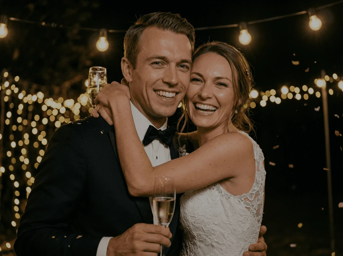 Bride and groom embracing and holding champagne glasses at their wedding reception.